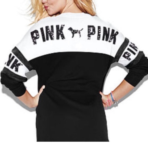 Victorias Secret PINK Bling Sequin Pure Black Triumph White Lace Up Varsity Crew - Picture 1 of 14